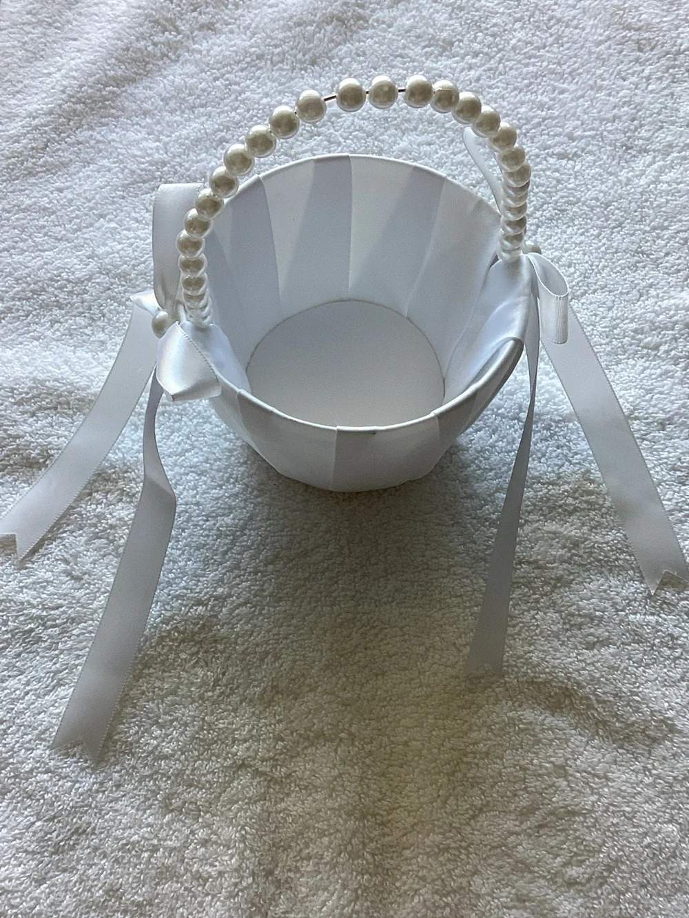 Classic White Satin Flower Girl Basket with Pearl Handle